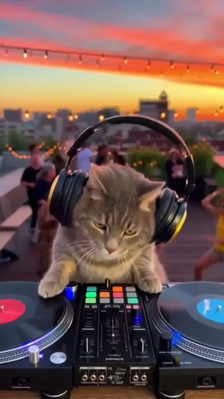 A cat DJ wearing oversized headphones spinning records at a rooftop party at sunset
